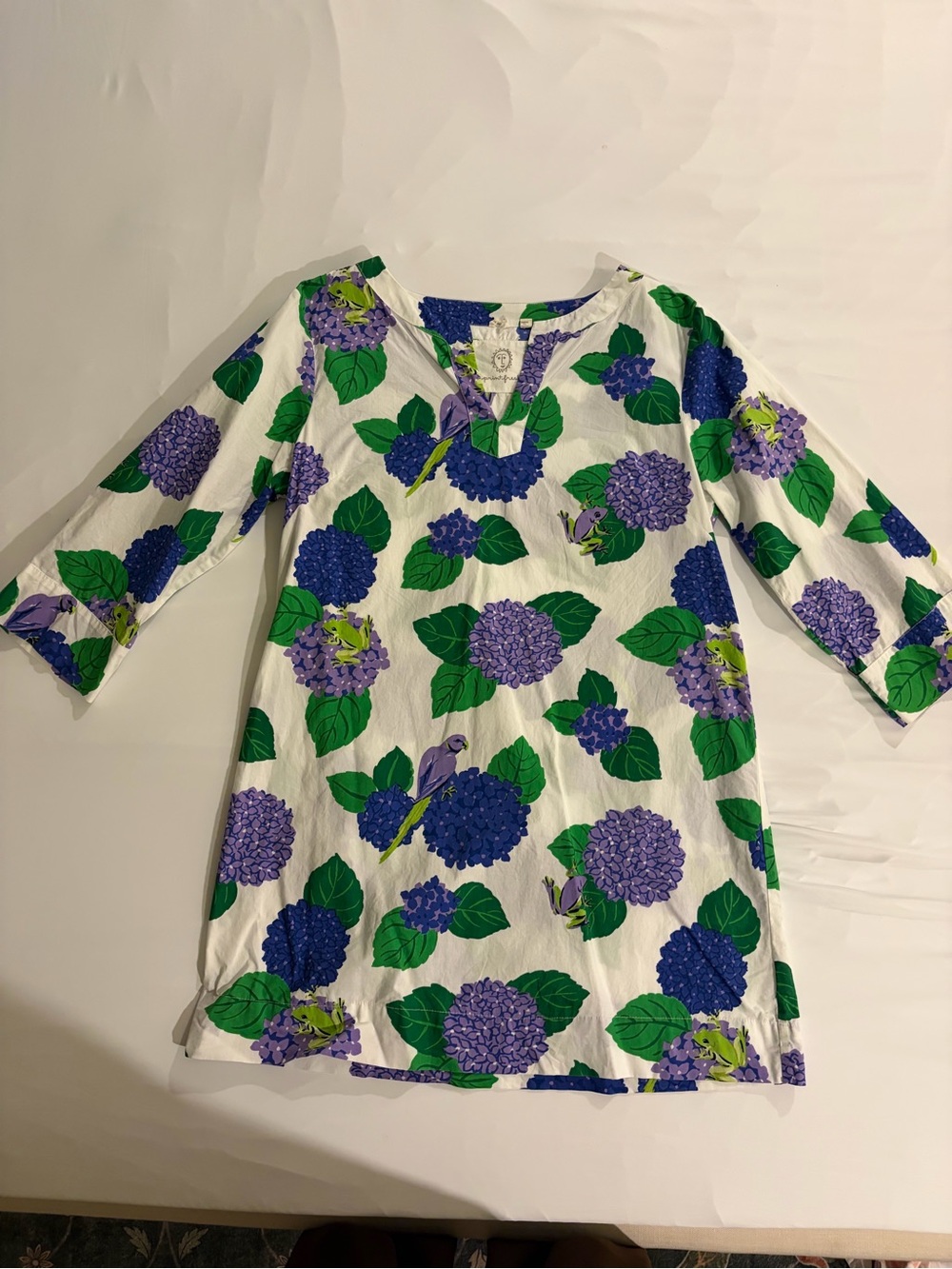 Printfresh Mini Hydrangea Tunic Dress - White, Purple & Green